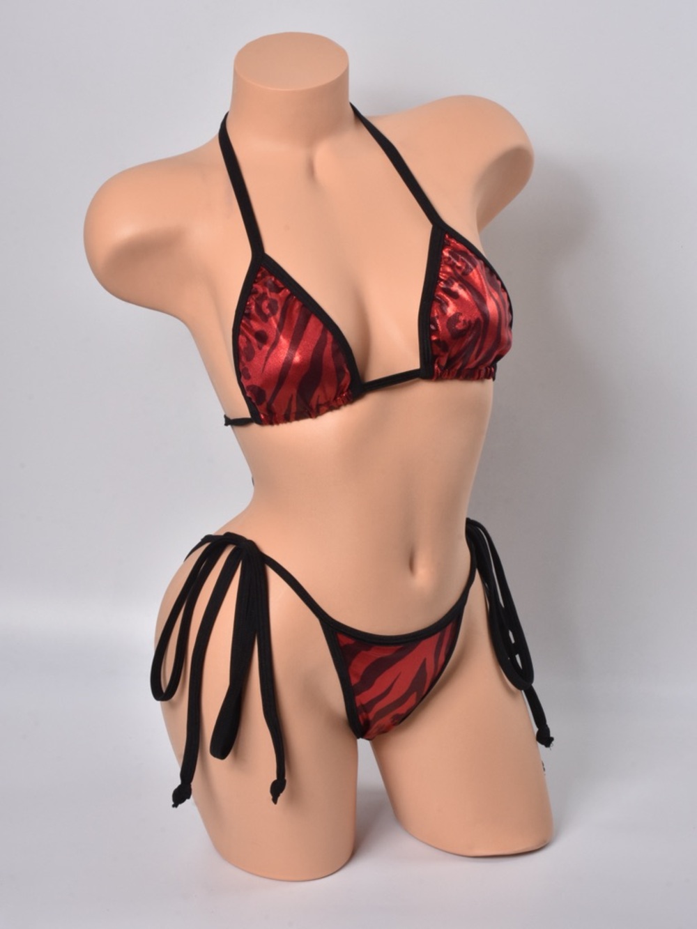 NEVER WORN Red Animal-Print Tie-Side Triangle Bikini with Black Trim
